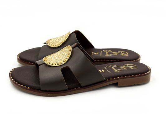 OH MY SANDALS 5850 Zueco Piel Marrón adorno roseton metalico Mujer