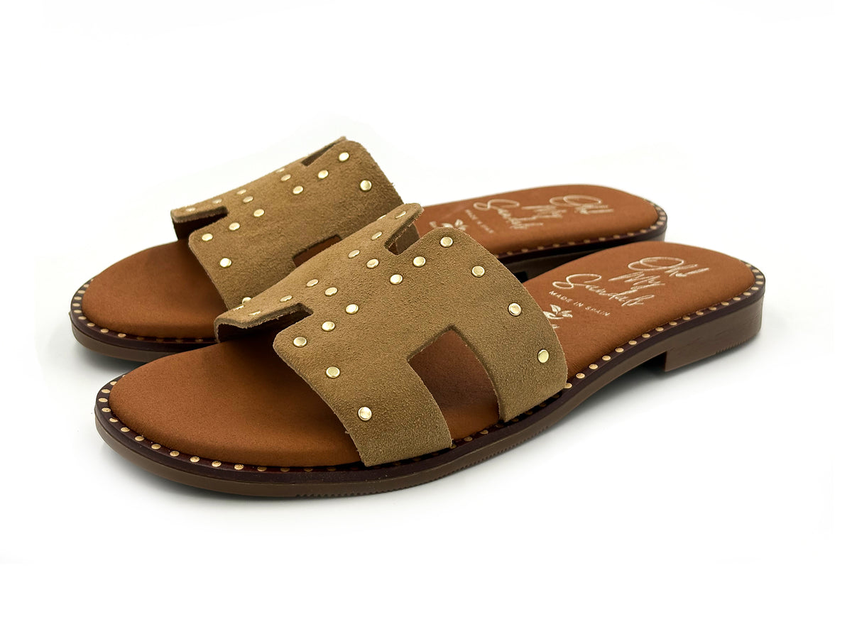 OH MY SANDALS 5840 Zueco Piel Serraje Tachas Arena Mujer