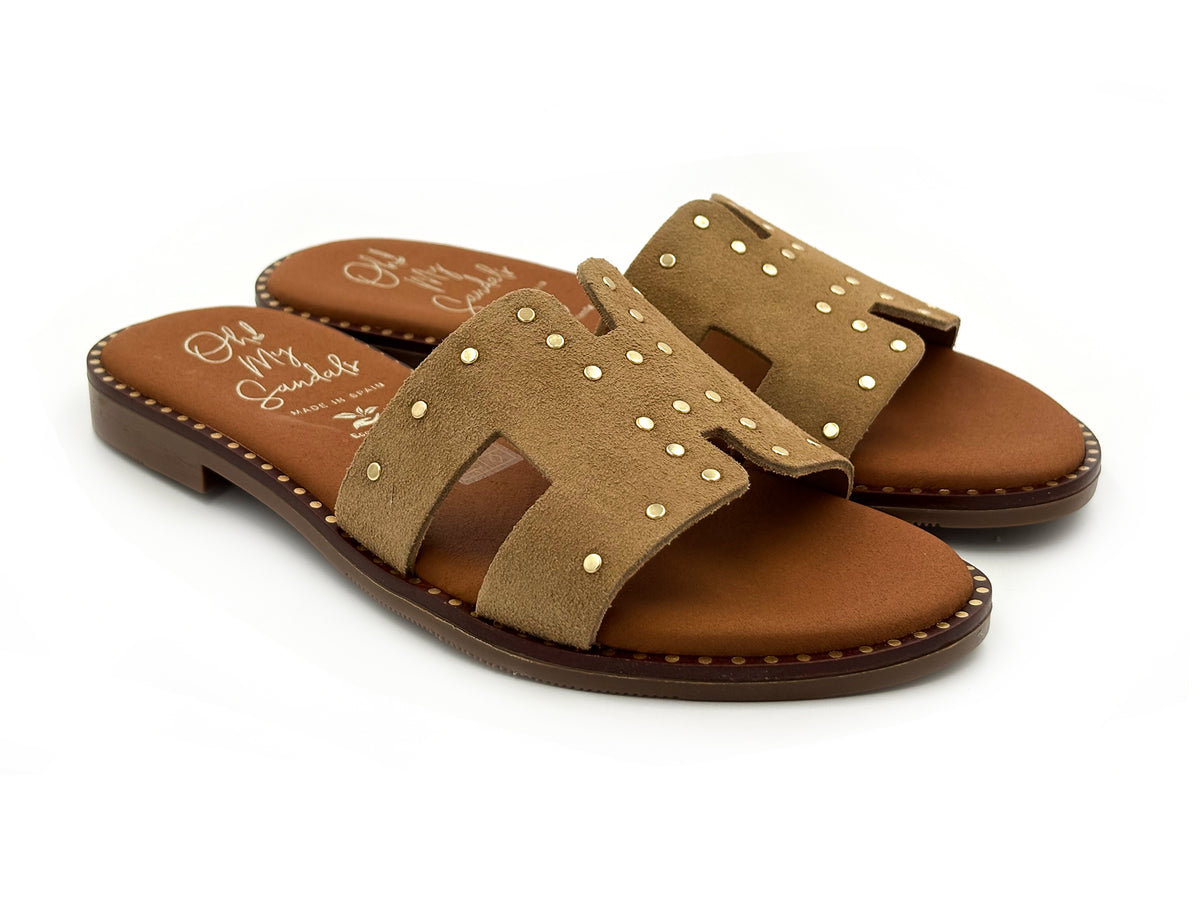 OH MY SANDALS 5840 Zueco Piel Serraje Tachas Arena Mujer